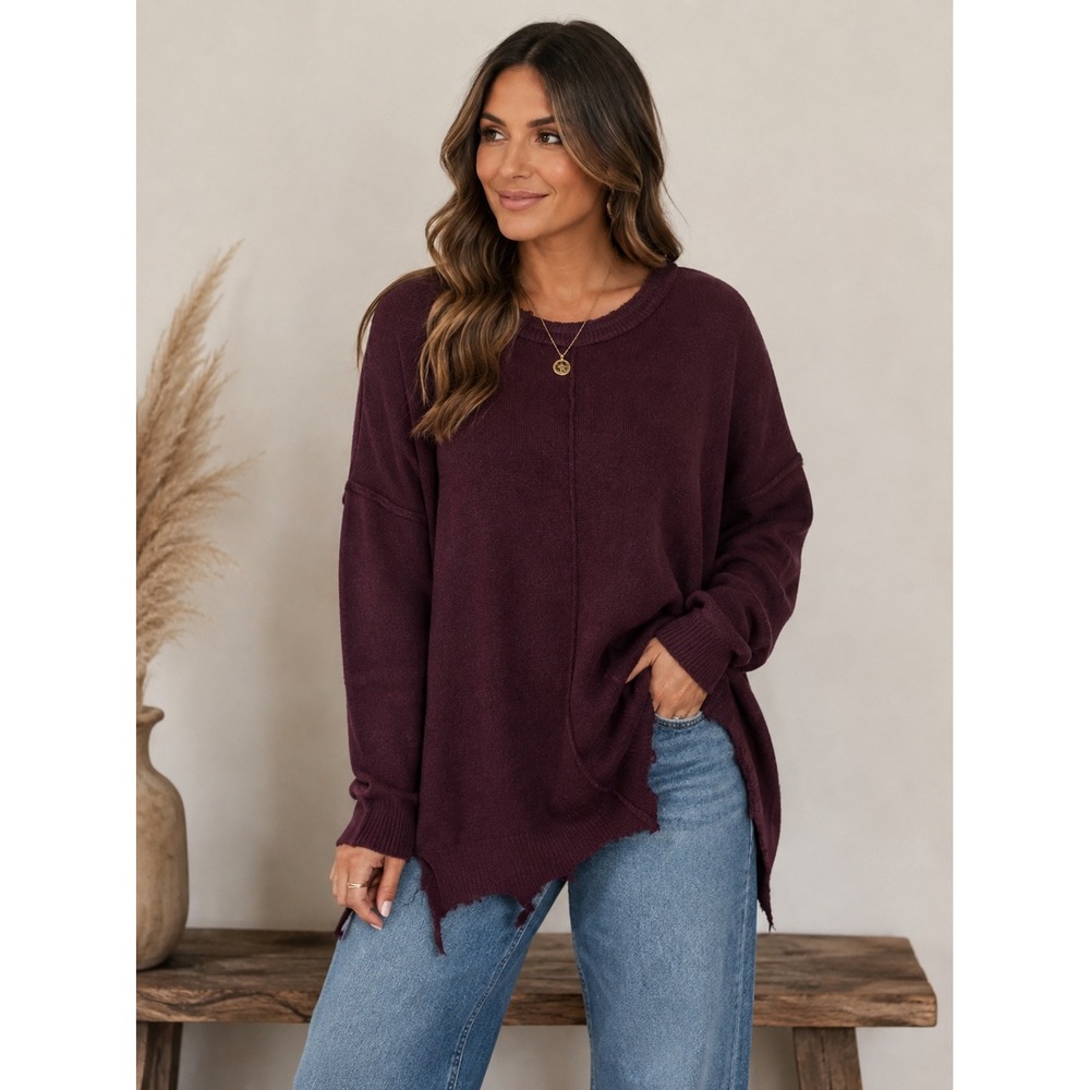 Swagger Womens Oversized Knit Sweater Burgundy Distressed Hem T2968 S/M